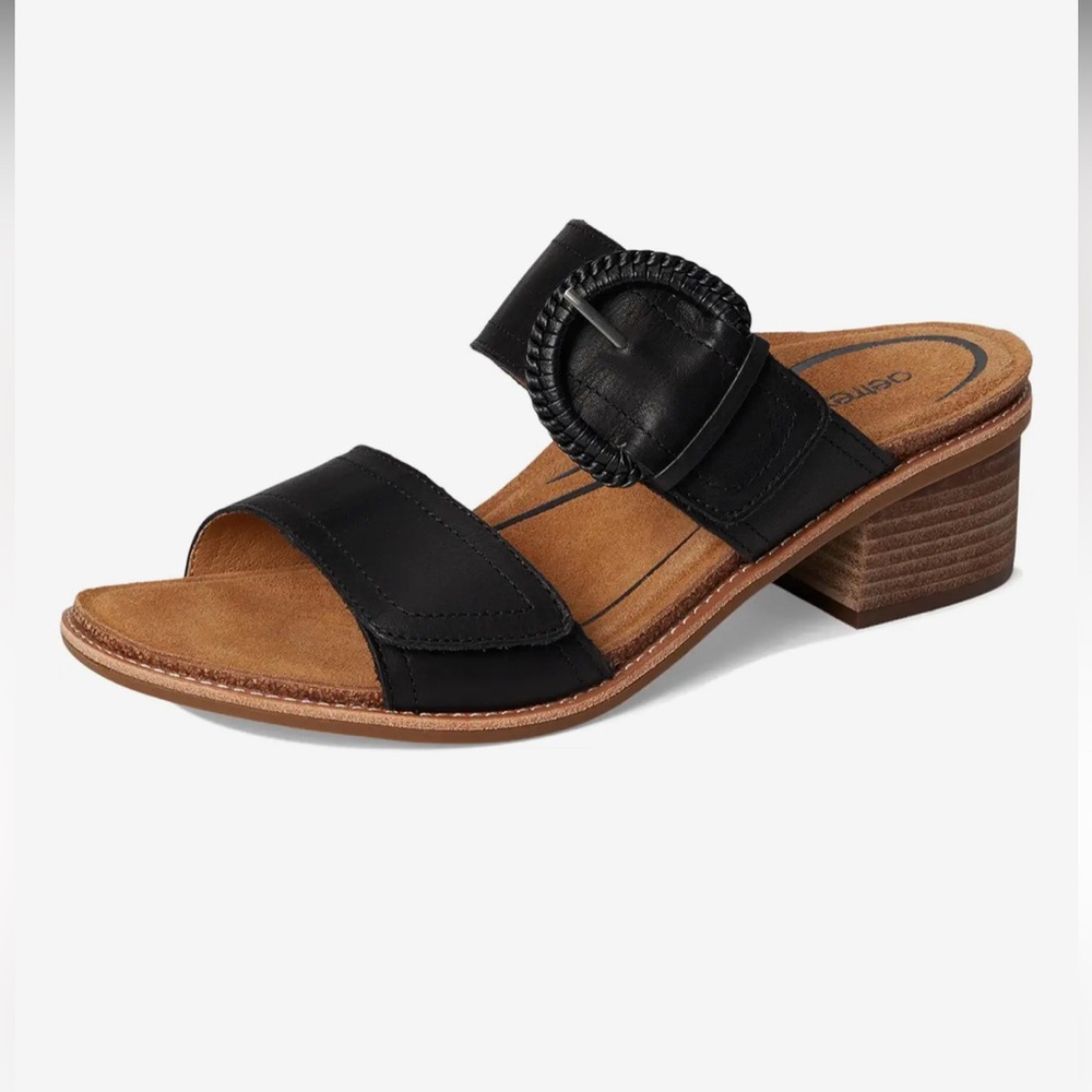 Aetrex Black Leather Buckle Slide Sandal